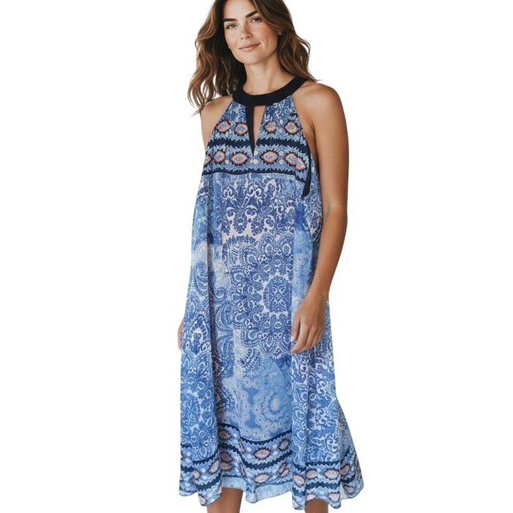 CB 1962 Blue Paisley Halter‎ Trapeze Dress Boho Keyhole Neck Sleeveless